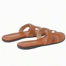 Cleo Cutout H-Strap Round Toe Summer Sliders Slippers Slide Flat Sandals Slip-On Flats For Women Casual Comfy Open Toe Slip-On Slides For Spring/Summer Casual Brunch, Vacation Outfit, Summer Date, Resort Wear, Beach, Wedding, Work From Home, Minimalist Style, Everyday Errands, Garden Party, City Walk, Holiday, Mother's Day, Pool | Silver Brown