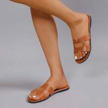 Cleo Cutout H-Strap Round Toe Summer Sliders Slippers Slide Flat Sandals Slip-On Flats For Women Casual Comfy Open Toe Slip-On Slides For Spring/Summer Casual Brunch, Vacation Outfit, Summer Date, Resort Wear, Beach, Wedding, Work From Home, Minimalist Style, Everyday Errands, Garden Party, City Walk, Holiday, Mother's Day, Pool | Silver Brown