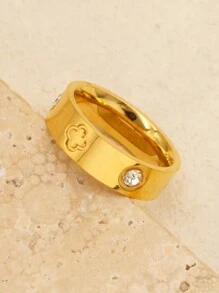 Bộ 4 món trang sức cao cấp bằng thép không gỉ đính đá Cubic Zirconia hình cỏ bốn lá, bao gồm vòng tay, bông tai và nhẫn dành cho nữ. - Màu vàng - Xem 4