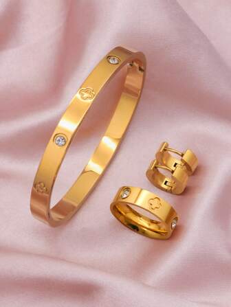 1套/4入組精美四葉草手鐲女士豪華立方鋯設計不鏽鋼手鐲耳環戒指珠寶套裝