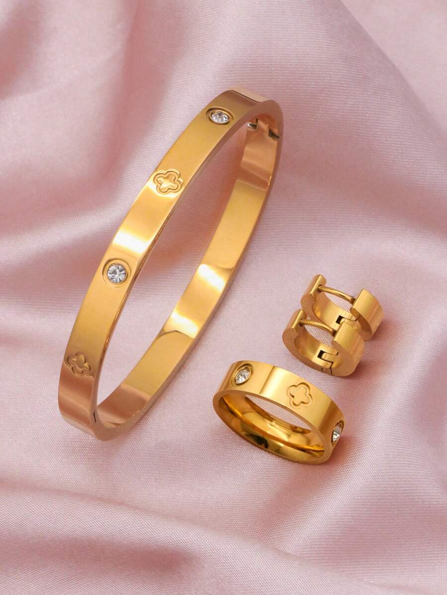 Bộ 4 món trang sức cao cấp bằng thép không gỉ đính đá Cubic Zirconia hình cỏ bốn lá, bao gồm vòng tay, bông tai và nhẫn dành cho nữ. - Màu vàng - Xem 1
