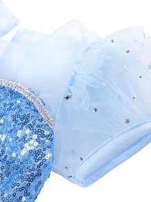 Young Girls Luxury Snowflake Sequin Detachable Long Cape Dress With Puff Sleeves, Casual Dress Suitable For Outings, Gatherings With Friends, And Other Major Events