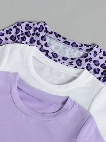 3 conjuntos Camiseta de manga corta y pantalones cortos para niñas bebé con estampado de leopardo y unicolor - Morado Violeta - Ver 3