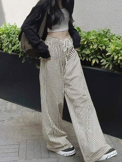 高腰系带撞色条纹阔腿裤