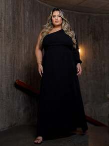 Women's Plus Size Long Dress With Single Sleeves And Slit And Delicate Belt - Black - View 6