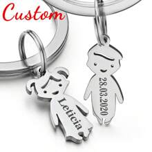 客製化鑰匙扣，個性化寶寶鑰匙扣，家庭禮品，自訂姓名、日期，男女適用，新生兒、情侶鑰匙圈，不銹鋼鑰匙圈 - 銀色-單面定制 - 查看 1