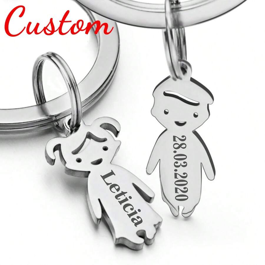 客製化鑰匙扣，個性化寶寶鑰匙扣，家庭禮品，自訂姓名、日期，男女適用，新生兒、情侶鑰匙圈，不銹鋼鑰匙圈 - 銀色-單面定制 - 查看 1