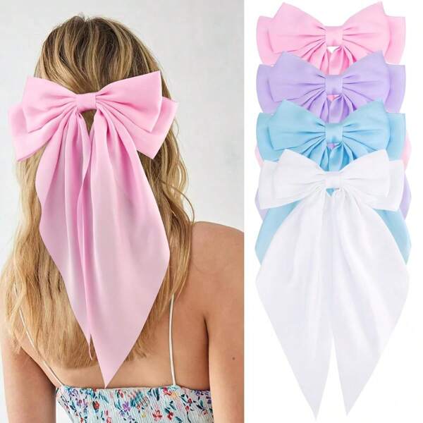 Hair Bows For Women , 4PCS Large Bowknot Hair Accessories, Silk Satin Hair Ribbon Barrettes With Long Tail, Aesthetic Bow Hair Metal Clips For Daily, Parties, Traveling Valentine's Day Valentines,Hair Clips,Hair Barrettes Claw Clips