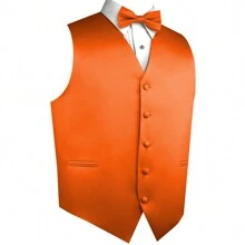 Sizes XS To 6XL Men's 3-Piece Tuxedo Vest Set – Satin Waistcoat With Bow Tie And Pocket Square For Wedding, Prom, Formal Events - 橘色 - 查看 2
