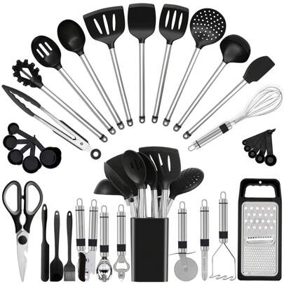 TAIMASI 33 Pcs Kitchen Utensil Set,Silicone Cooking Utensils, Kitchen Gadgets & Spoons For Nonstick Cookware, Silicone And Stainless Steel Spatula Set-Best Kitchen Tools, Useful Pots And Pans Accessories