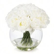 16 Heads Silk Rose Artificial Flowers In Vase Faux Rose Flowers Arrangement In Round Bowl Vase With Faux Water For Table Decor Centerpieces