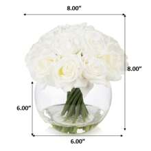 16 Heads Silk Rose Artificial Flowers In Vase Faux Rose Flowers Arrangement In Round Bowl Vase With Faux Water For Table Decor Centerpieces