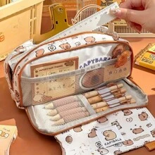 1入組可愛的大型水豚鉛筆盒，拉鍊式設計- 多插槽組織者，適用於青少年和成人，非常適合辦公室和旅行使用 - 棕色 - 查看 4