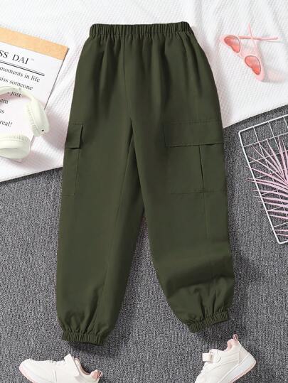 Tween Girls Summer Lightweight Casual Sport Pants, Solid Color Military Green Cargo Trousers, Street Fashion Joggers, Suitable For Four Seasons