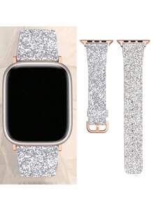 1 件全新奢华女式闪亮皮革表带，兼容 Apple Watch Ultra 9 8 7 6 5 4 3 2 1 SE，时尚闪光表带，兼容 Apple Watch 49mm 42mm 45mm 44mm 38mm 40mm 41mm，时尚手链腕带礼物 - 銀色 - 查看 5
