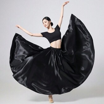 1pc Black Smooth 95cm Satin Dress For Women, Elastic Waist, One Size Fits Most, Suitable For Belly Dance, Princess Party, Cosplay, Dance And Other Occasions