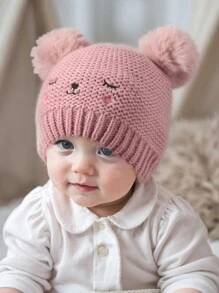 1 件装婴儿冬帽保暖幼儿无檐小帽可爱绒球帽针织婴儿无檐小帽婴儿雪帽适合女婴 - 粉色 - 查看 3