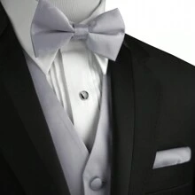 Sizes XS To 6XL Men's 3-Piece Tuxedo Vest Set – Satin Waistcoat With Bow Tie And Pocket Square For Wedding, Prom, Formal Events - 銀色 - 查看 4