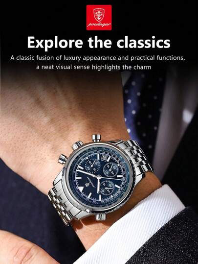 POEDAGAR 1pc Men Quartz Watchs, Stainless Steel Multi Function Date Chronograph Waterproof Luminous Pointer Watch, Wristwatches Business Occasions view 2