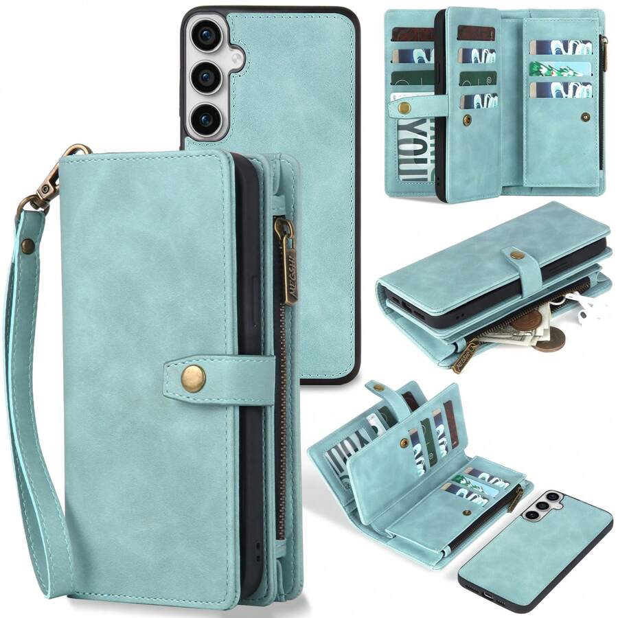 Ốp lưng ví cho Samsung Galaxy S23 FE, Ốp lưng điện thoại từ tính có thể tháo rời, Ốp lưng điện thoại bằng da chống sốc toàn diện có ngăn đựng thẻ cho quà tặng Halloween, Giáng sinh, Sinh nhật, Năm mới, Quà tặng cho bạn bè - Màu xanh nhạt - Xem 1