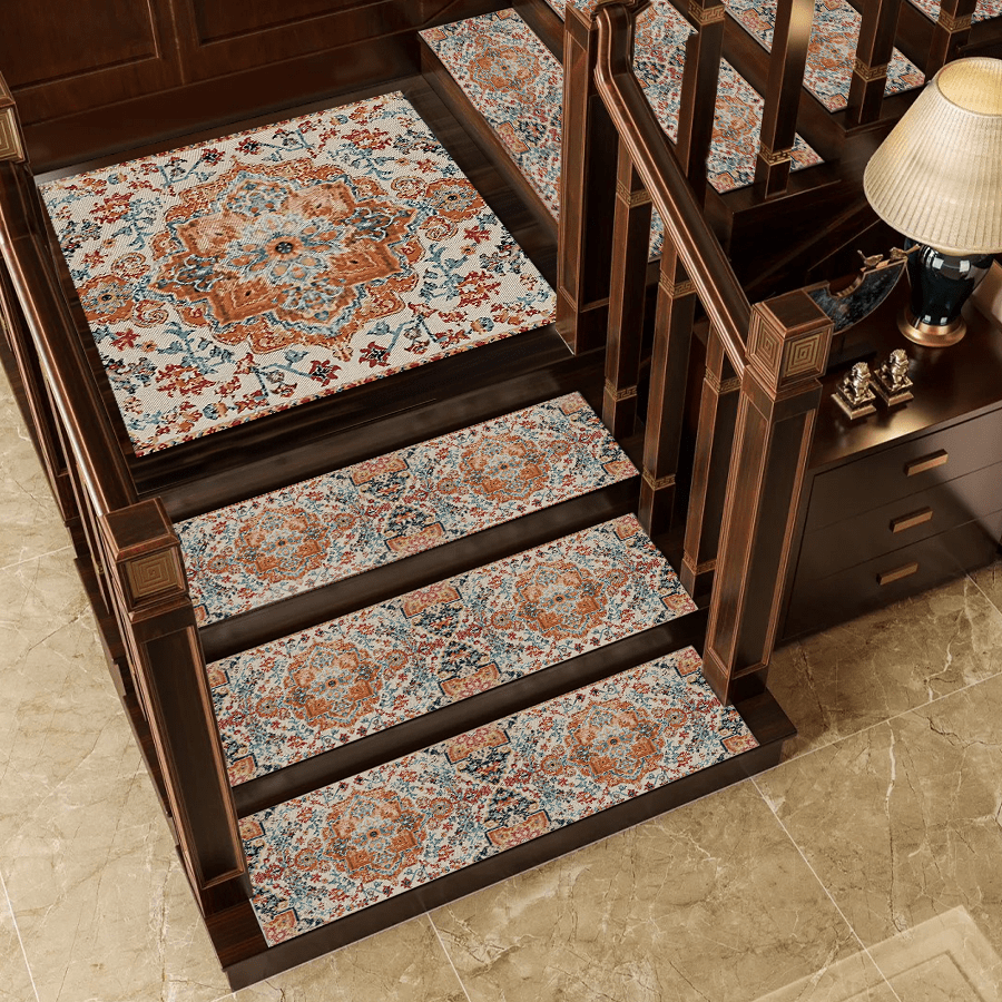 15pcs Bohemian Style Printed Stair Tread Mats, With Silent Design And Non-Slip Bottom Material, Perfect For Decorating Space Atmosphere