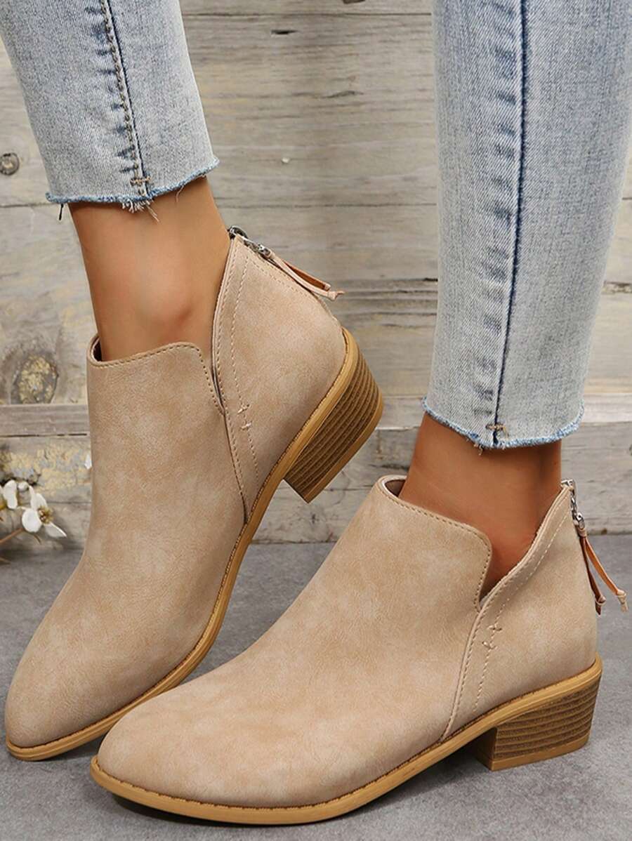 Bốt cổ ngắn màu nude thu/đông có khóa kéo phía sau, cỡ lớn, màu nude, thiết kế xuân/hè mới, bốt dành cho nữ - Màu Khaki - Xem 1