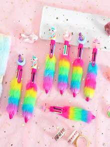 1pc Rainbow Plush Unicorn Toy Writing Pen, Cartoon Decoration, Button Press Stationery For Student Study, Journal Gift Accessory - Multicolor - View 3