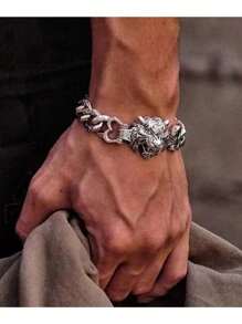 1pc Men's Fashion Powerful Tiger Head Alloy Bracelet, Suitable For Boyfriend Gifts, Party And Daily Wear