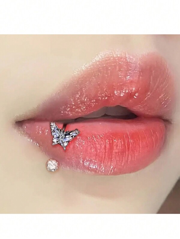 1 pieza Anillo labial de mariposa degradado en azul, aro en forma de C, aro en forma de herradura, acero inoxidable, joyería para perforación corporal, stud labial