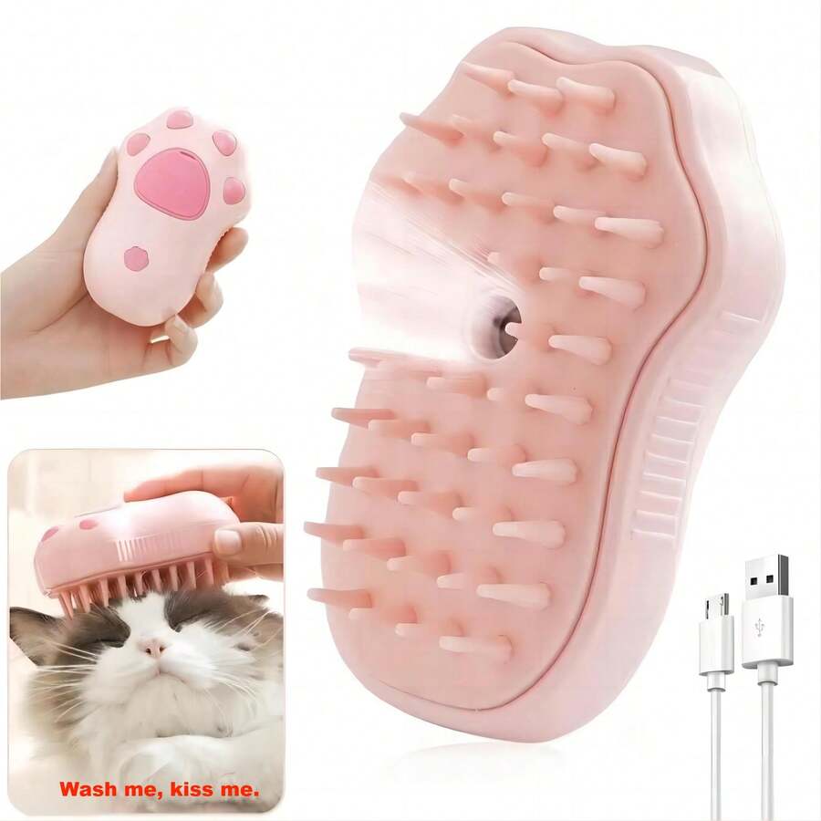 1入組3合1貓噴霧刷，按摩和自清潔蒸汽美容工具，多功能塑料貓蒸汽刷，適用於寵物