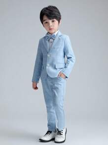 3pcs Young Boy Plaid Suit Set - Blazer, Pants, Bowtie - For Formal Occasions Such As Wedding, Performance, School - Fall Season - Blue - View 4