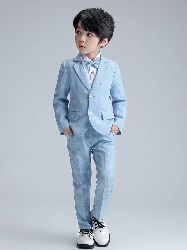 Conjunto de traje a cuadros de 3 piezas para niño pequeño: blazer, pantalones, pajarita - para ocasiones formales como bodas, actuaciones, escuela - temporada de otoño