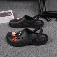 女士DIY打洞卡通愛心設計柔軟耐磨半腳趾室內外厚底平底涼鞋，適用於年輕可愛的大學女生，夏日 - 黑色 - 查看 6