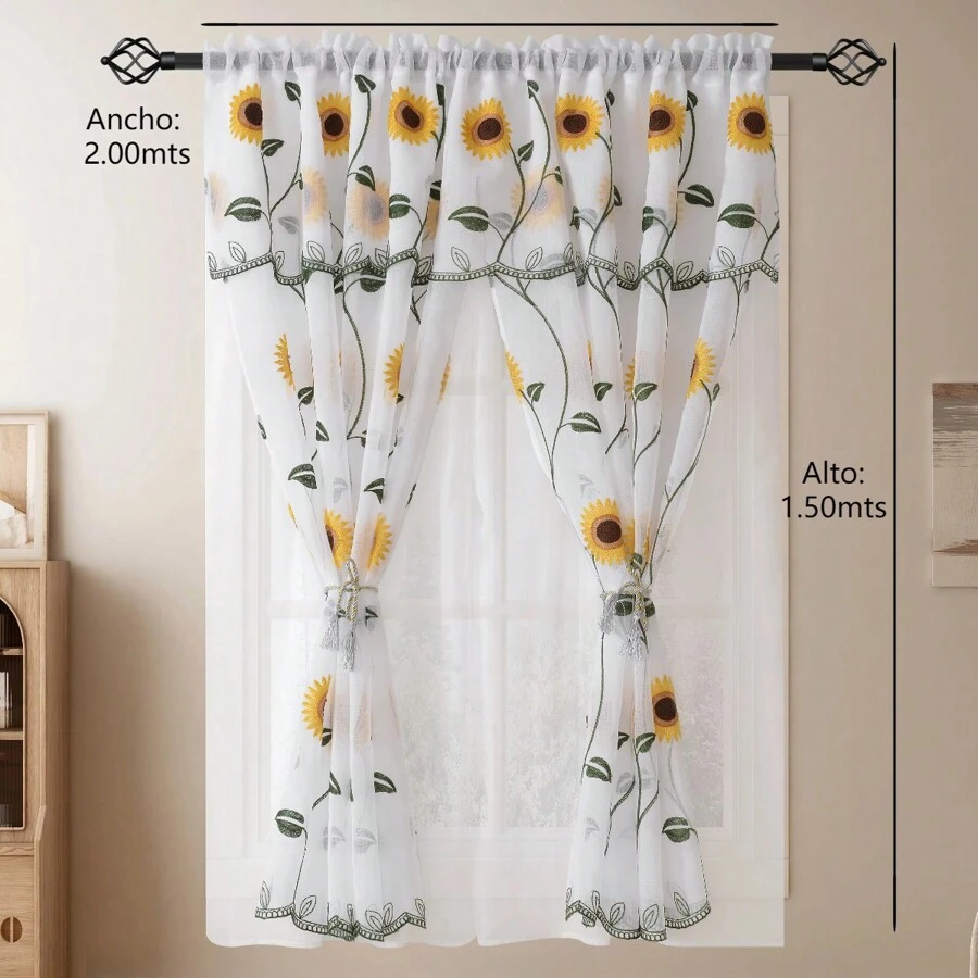 1 Pieza Cortina De Ventana 2.0*1.50mts Estampado De Girasol Incluye Traslucida - Unitalla - Ver 1
