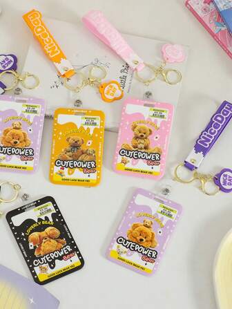 1 件可爱熊公交卡夹 - 硅胶挂绳、身份证/校园卡套、便携式腕带，可快速刷卡并展示，适合学生、返校礼物