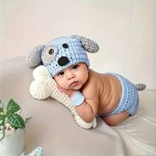 Recém-nascido Bebê Chapéu de Cachorro Azul Conjunto Curto Adereços de Fotografia Fantasia Foto Roupas de Malha Decorações de Chá de Bebê para Família Presentes Chá de Bebê Presente de Páscoa Coisas para Meninas/Meninos