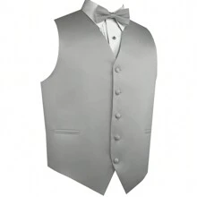 Sizes XS To 6XL Men's 3-Piece Tuxedo Vest Set – Satin Waistcoat With Bow Tie And Pocket Square For Wedding, Prom, Formal Events - 銀色 - 查看 2