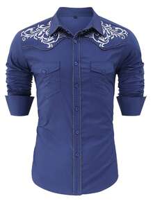 Mens Western Shirts Long Sleeve Embroidered Button Down Shirts With Pockets Slim Fit Casual Shirt - 灰藍色 - 查看 3