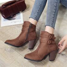 Fall/Winter Women's Chunky Heel Short Boots, Casual Buckle Side Zipper Shoes, Comfortable Ankle Boots, Footwear/Women's Shoes/Women's Fashion Boots/Women's Ankle Boots And Short Boots, Women's Fashion Suede Belt Buckle Chunky Heel Boots, Spring And Autumn Mid Heel Shoes, Half Tube Boots, Women's Shoes,Boots For Women