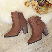 Fall/Winter Women's Chunky Heel Short Boots, Casual Buckle Side Zipper Shoes, Comfortable Ankle Boots, Footwear/Women's Shoes/Women's Fashion Boots/Women's Ankle Boots And Short Boots, Women's Fashion Suede Belt Buckle Chunky Heel Boots, Spring And Autumn Mid Heel Shoes, Half Tube Boots, Women's Shoes,Boots For Women