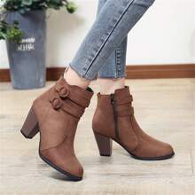 Fall/Winter Women's Chunky Heel Short Boots, Casual Buckle Side Zipper Shoes, Comfortable Ankle Boots, Footwear/Women's Shoes/Women's Fashion Boots/Women's Ankle Boots And Short Boots, Women's Fashion Suede Belt Buckle Chunky Heel Boots, Spring And Autumn Mid Heel Shoes, Half Tube Boots, Women's Shoes,Boots For Women