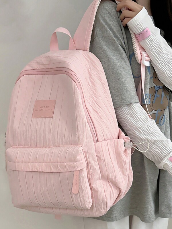 High School/College Korean Style Solid Color Striped Large Capacity Nylon Backpack, Classic Backpack With Casual College Style And Unique Design