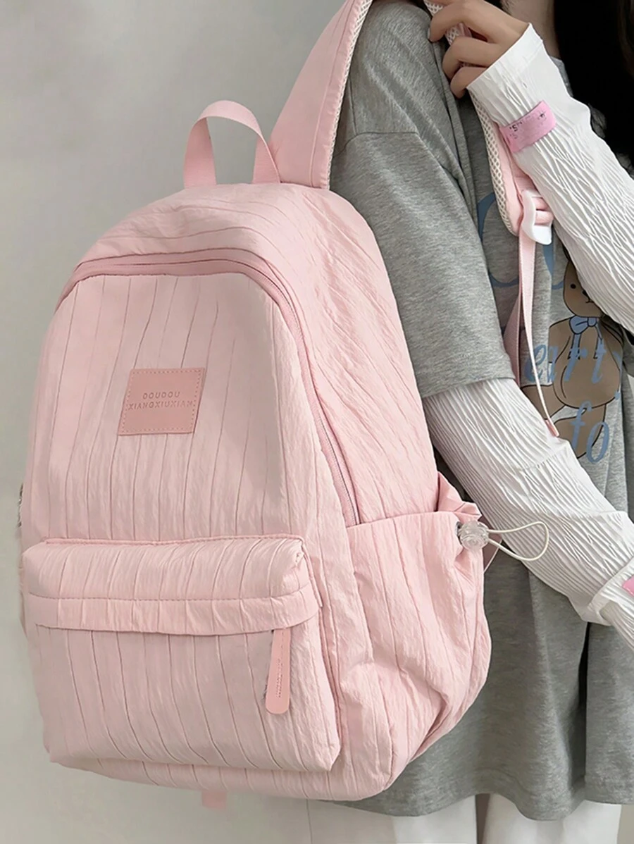 High School/College Korean Style Solid Color Striped Large Capacity Nylon Backpack, Classic Backpack With Casual College Style And Unique Design - Pink - View 1