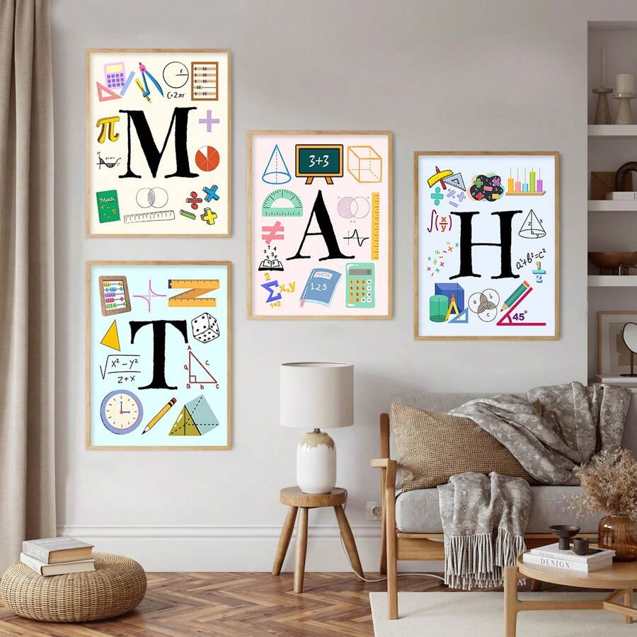 Set de 4 carteles decorativos de lona en matemáticas, decoración de escuela media y arte de pared de escuela secundaria, cartel de matemáticas, decoración de aula de matemáticas, póster de la pared de la galería de clase de matemáticas - Multicolor - Ver 1