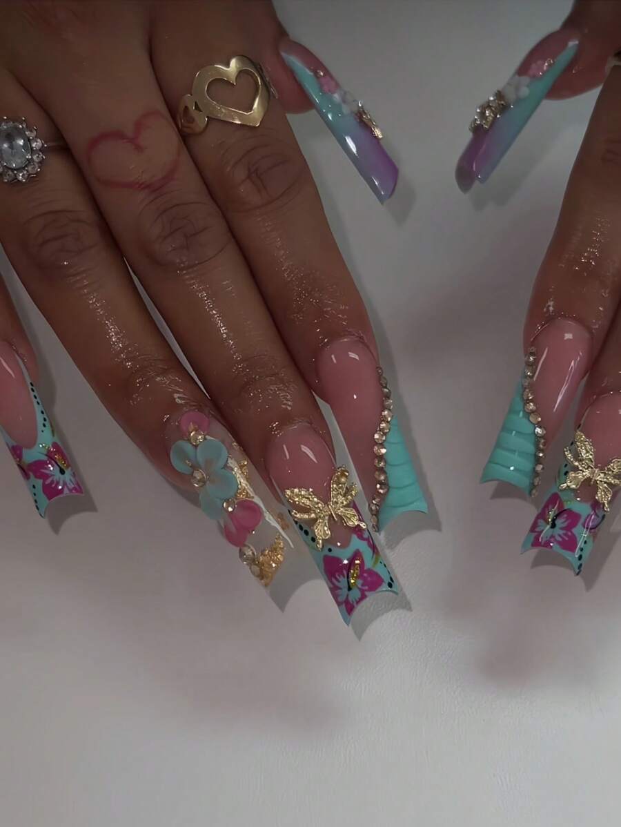 Y2K 24 件高端法式 3D 金色蝴蝶长棺材形状仿亚克力按压指甲带绿色花朵，适合女士和女孩日常佩戴美甲用品指甲