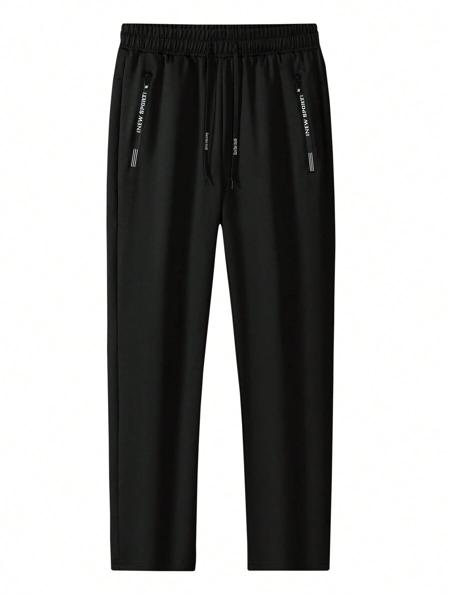 1 pieza Pantalones de cordón de unicolor de estilo novio para hombres, pantalones deportivos con bolsillos con cremallera, aptos para actividades al aire libre y trotar - Negro - Ver 1