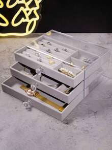 1入組亞克力透明首飾盒，3層大容量可攜式首飾收納盒，可用於浴室和桌面，可疊放的抽屜收納架，帶抽屜梳妝台首飾收納盒，優雅的展示和收納首飾耳環、項鍊、手鐲、吊墜的包裝和收納裝置，適用於妻子的房間，家居，浴室和臥室裝飾，用於戒指，項鍊，手表，耳環和手鐲的理想禮品 - 母親節，父親節，新年禮品，情人節禮品和生日禮品 - 彩色 - 查看 4