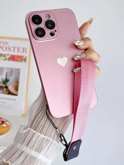 Funda protectora de teléfono premium nueva con película de lente perforada de piel sintética de PC de alta calidad de 0,8 mm ultradelgada, resistente al desgaste, con decoración de corazón chapada y cordón de tela para la Serie 17