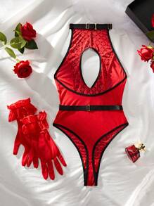 Bộ đồ lót hở lưng phối lưới Rhombus Flocked & Mesh Contrast Hollow-Out Back Halter với dây trang trí toàn thân & găng tay, bộ đồ liền thân gợi cảm - Đỏ - Xem 8