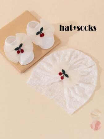 1入組嬰兒女童櫻桃蕾絲蝴蝶結鑲空遮陽帽，春夏季，附襪子